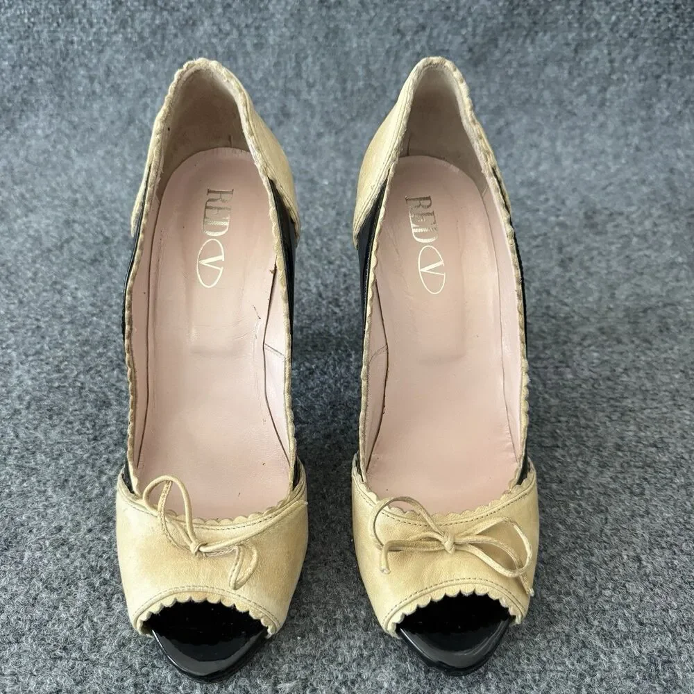Red Valentino Peep Toe Pumps Patent Leather Black Beige Scalloped Bow Heels 37
